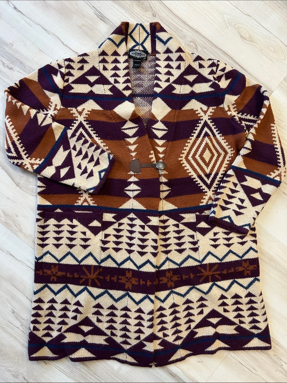 Olive & Oak Cream, Brown & Purple Geometric Shawl Cardigan